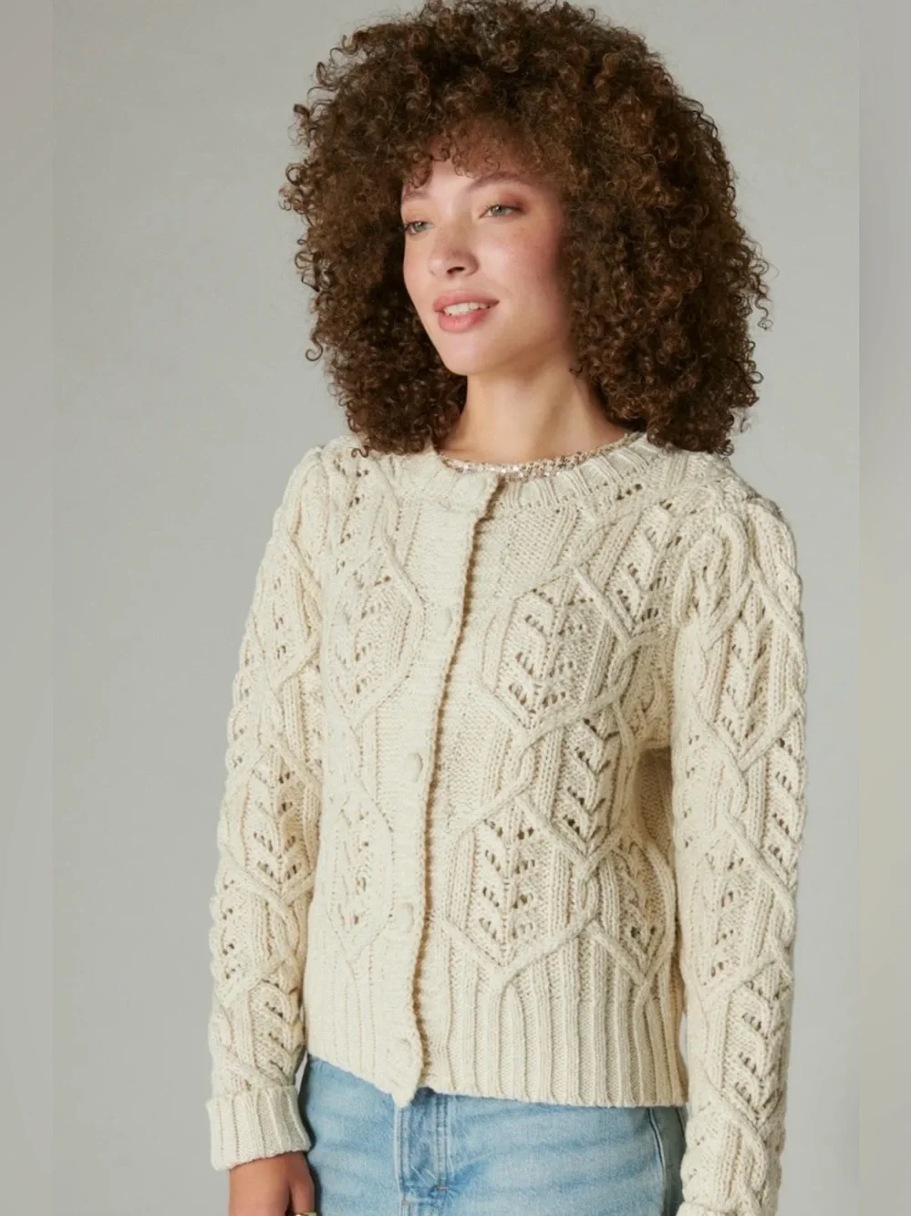 Lucky Brand NEW Size L Puff Sleeve Shine Cardigan Color Whisper White MSRP $99